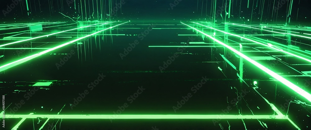 Poster green tech neon light path theme abstract background with copy space for banner