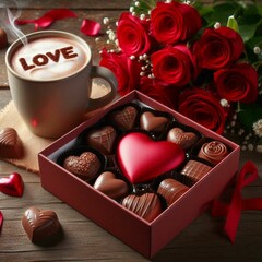 box of heart-shaped chocolates on a wooden table, a bouquet of red roses on top of the box of chocolates and next to a mug of hot chocolate with smoke coming out writing love