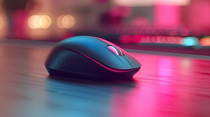 close up black mouse on table desk with pink blue light, idea for gaming gear mouse, 