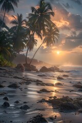 Rocky tropical beach with palm tree