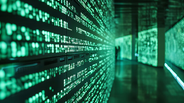 A long, narrow room with a green wall of computer code