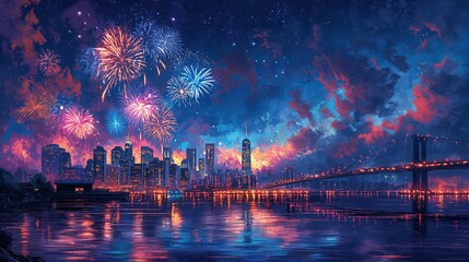 Naklejka premium Fireworks Over City Skyline and Bridge