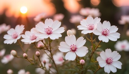 Obraz premium Isolated white flowers against a blurred sunset background