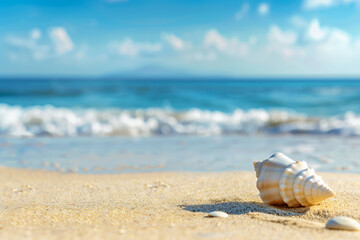 Obraz premium Sea shells on the sand beach in clear sea water. Summer background. Relaxing on the beach