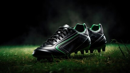 Professional soccer shoes cleats close-up on green grass with an outdoor stadium in the background. It's a great illustration for advertising or promotional materials.