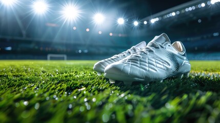 Professional soccer shoes cleats close-up on green grass with an outdoor stadium in the background. It's a great illustration for advertising or promotional materials.