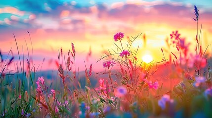 Naklejka premium Grass flower with sunset. A wonderful sunset landscape on a meadow.
