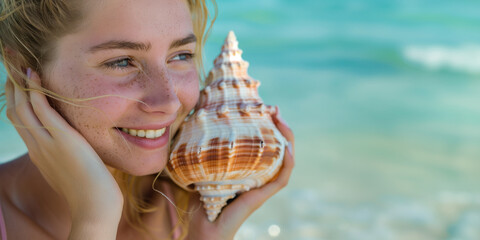 Beautiful blonde woman hearing the sound of the sea with a big seashell at beach. A woman holding a shell against the backdrop of the sea