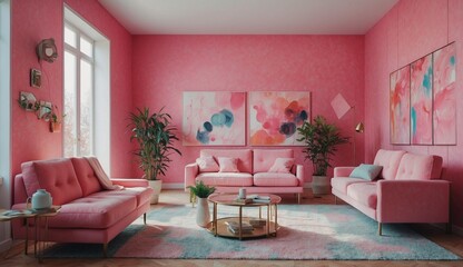 Bright pink-themed living room with modern furniture.
