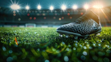 Professional soccer shoes cleats close-up on green grass with an outdoor stadium in the background....