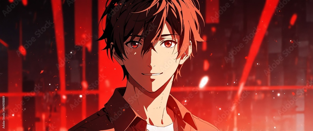 Poster handsome guy smiling in red theme abstract background with copy space for banner
