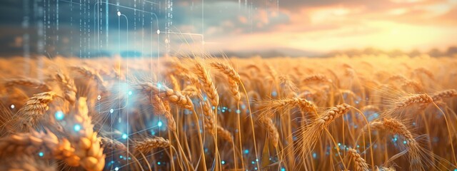 Digital technology in a wheat field at sunset. Advanced agricultural technology with digital data overlays on ripe wheat. Background of precision farming, innovation, and modern agriculture.