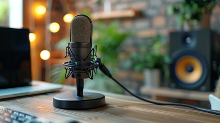 A podcasting microphone setup on a desk, with a minimalist background offering room for promotional messages or branding