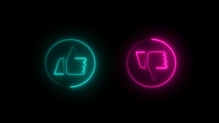 Glowing Thumb down, dislike neon sign. Yes and No thumb up. Feedback concept. neon Do and don't symbols.
