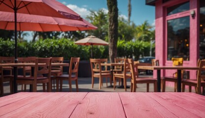 Fototapeta premium Charming cafe with pink tables and umbrellas outside.