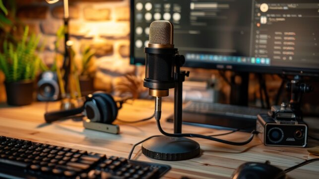 A podcasting microphone setup on a desk, with a minimalist background offering room for promotional messages or branding