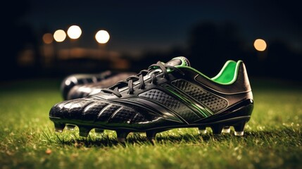 Professional soccer shoes cleats close-up on green grass with an outdoor stadium in the background. It's a great illustration for advertising or promotional materials.
