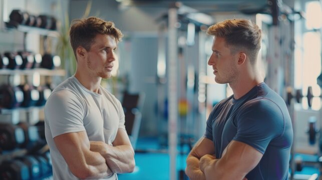 A personal trainer giving tips to a client during a workout session, with a bright and uncluttered background offering room for text or promotional messages - Powered by Adobe