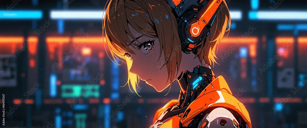 Aufkleber orange android humanoid robot neon light theme abstract background with copy space for banner