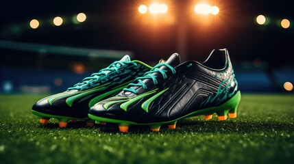 Professional soccer shoes cleats close-up on green grass with an outdoor stadium in the background. It's a great illustration for advertising or promotional materials.