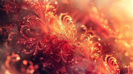 Filigree-like fire patterns in reds and golds with shimmering particles wallpaper