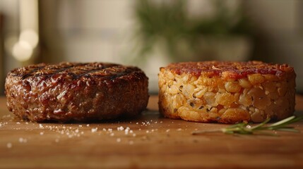 Grilled Meat and Plant-Based Burger Patties on Wooden Board - Concept Plant-Based Food