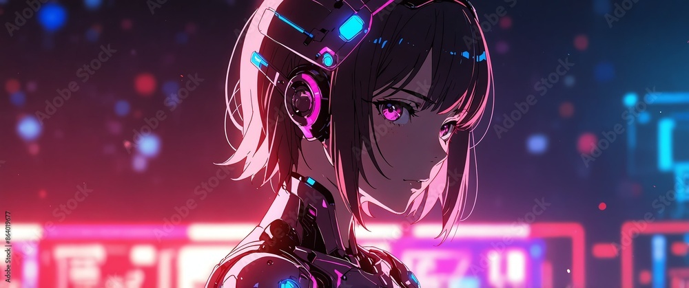 Aufkleber pink android humanoid robot neon light theme abstract background with copy space for banner