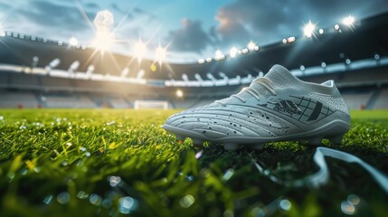 Professional soccer shoes cleats close-up on green grass with an outdoor stadium in the background. It's a great illustration for advertising or promotional materials.