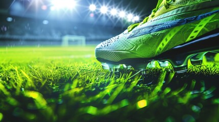 Professional soccer shoes cleats close-up on green grass with an outdoor stadium in the background. It's a great illustration for advertising or promotional materials.