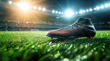 Professional soccer shoes cleats close-up on green grass with an outdoor stadium in the background. It's a great illustration for advertising or promotional materials.