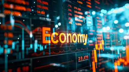 Vibrant stock market display with neon "Economy" text, featuring dynamic graphs and charts representing financial data, trading activity, and economic trends in a modern, high-tech setting.