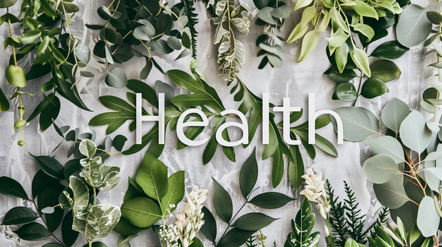 Nature-inspired health concept with green foliage surrounding "Health" text, representing natural remedies, holistic wellness, and the healing power of plants in a serene setting.