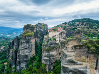 Amazing panoramic view with Varlaam Monastery, Monastery of Great Meteoron and Monastery of St. Nikolaos in the Meteora Valley near Kastraki, Greece