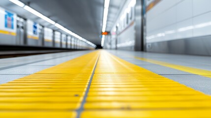 Fototapeta premium Busy underground platform with a yellow line, motion blur, vibrant urban travel scene, detailed textures, bustling walkway, modern city life