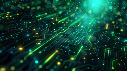 Obraz premium Circuit-like wooden patterns in greens and blues with glowing particles wallpaper