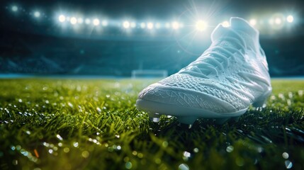 Professional soccer shoes cleats close-up on green grass with an outdoor stadium in the background. It's a great illustration for advertising or promotional materials.