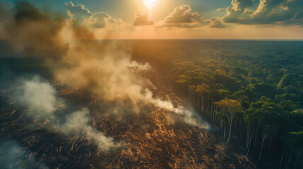 Naklejka premium Devastating Aerial Panoramic Shot of Burning Palm Oil Trees in Flames in Forest Covering Fire and Smog