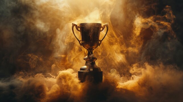 Golden Trophy in Dust and Smoke Background. Concept of Victory and Achievement. Used for sports, competition, awards, recognition, motivation, success.