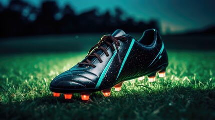 Professional soccer shoes cleats close-up on green grass with an outdoor stadium in the background. It's a great illustration for advertising or promotional materials.