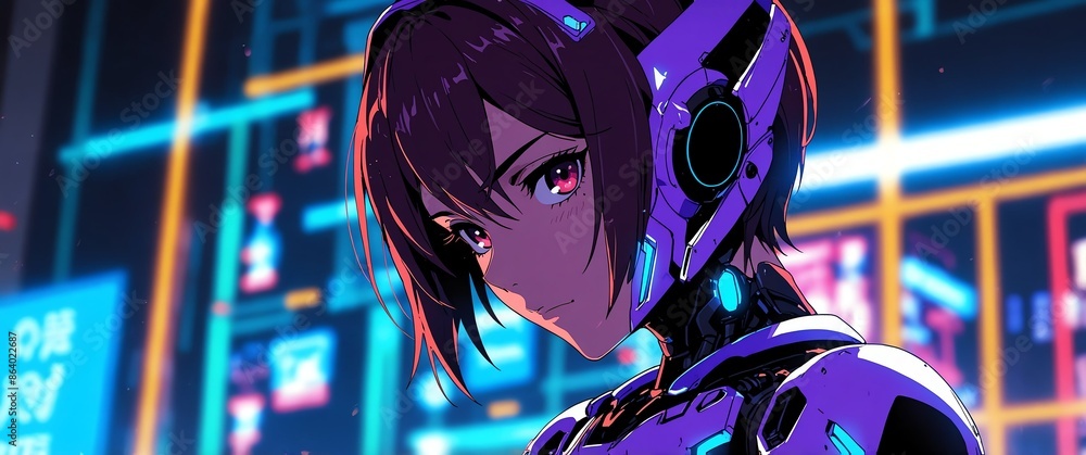 Aufkleber purple android humanoid robot neon light theme abstract background with copy space for banner