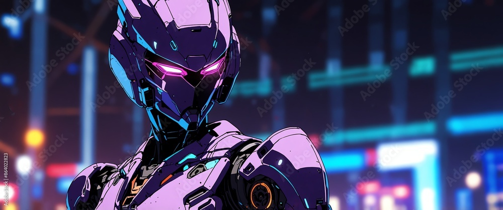Poster purple android humanoid robot neon light theme abstract background with copy space for banner