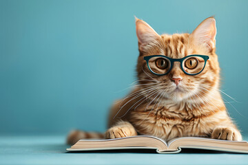 Portrait photo of  cute baby kitten cat wearing  reading glasses on blue background , studio shooting high quality photo pet   background, wallpaper, wall art