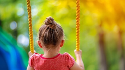 little girl on swingset in backyard, looking at the view, summer fun, childrens playground.