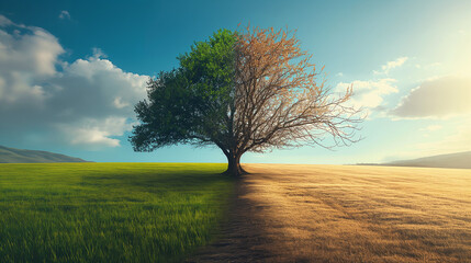 Tree in Ecology and Drought Concept: Climate Change and Record Heat, Draft and Greenery