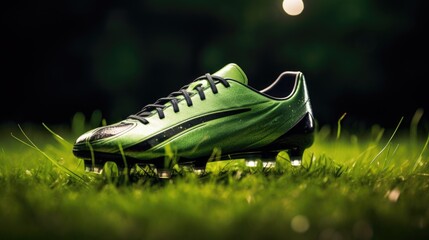 Professional soccer shoes cleats close-up on green grass with an outdoor stadium in the background. It's a great illustration for advertising or promotional materials.