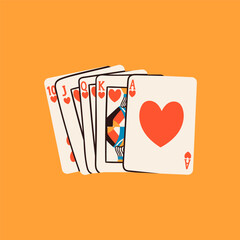 Playing cards. Royal flush poker cards combination. Hand drawn Vector illustration. Tournament, game, casino, poker, gambling, game, fun concept. Isolated design element. Icon, logo, print template