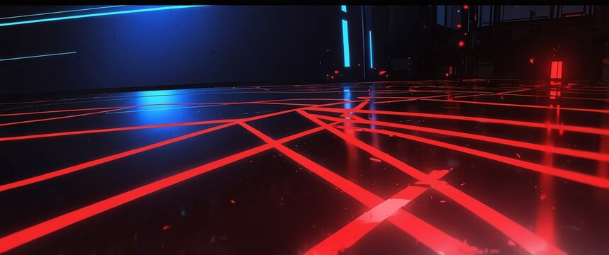 red tech neon light path theme abstract background with copy space for banner