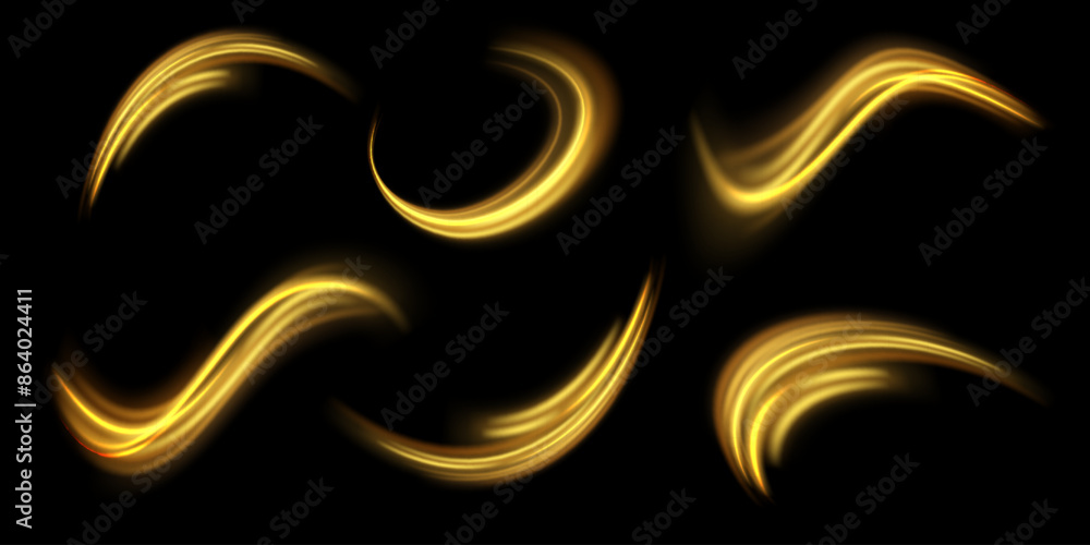 Poster Golden shiny spiral wave. Curved yellow line twirl. Glittering wavy trail. Swirling dynamic neon circle. Rotating speed ring. Magic gold whirlwind with flare sparkles. Glow swirl light effect. Vector