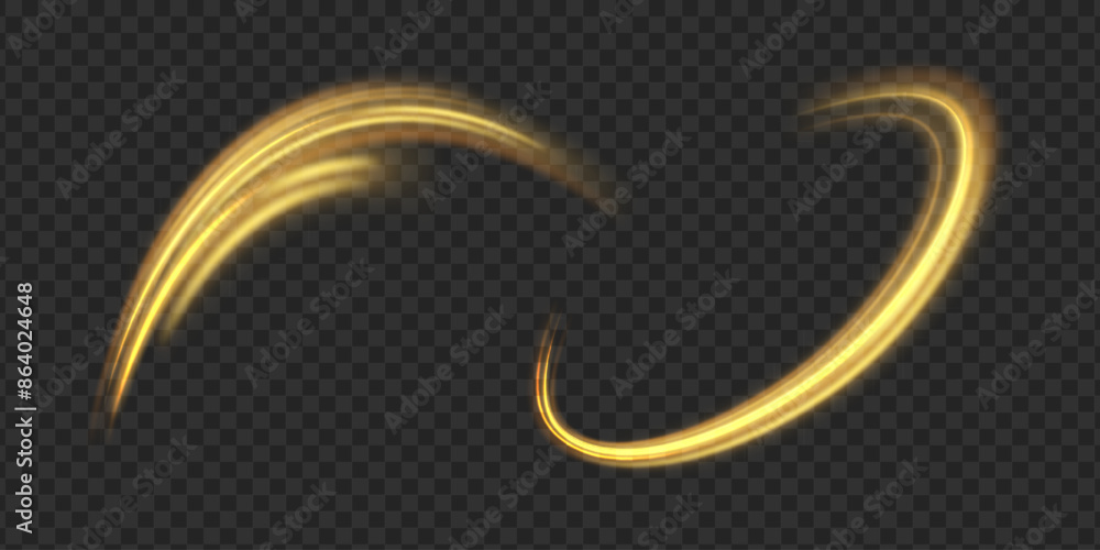 Poster Golden shiny spiral wave. Curved yellow line twirl. Glittering wavy trail. Swirling dynamic neon circle. Rotating speed ring. Magic gold whirlwind with flare sparkles. Glow swirl light effect. Vector