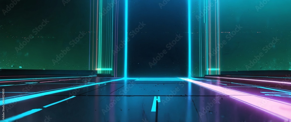 Poster teal tech neon light path theme abstract background with copy space for banner